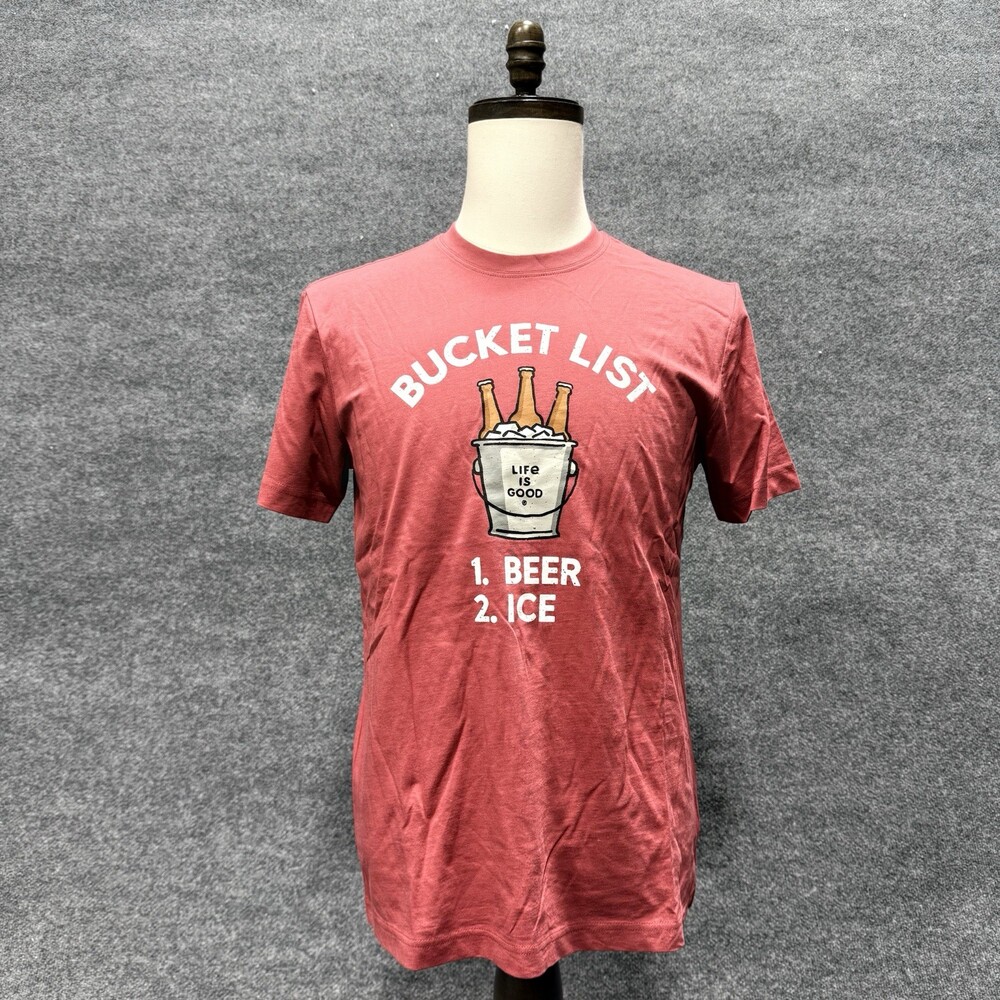 Life Is Good Bucket List Beer Ice T-Shirt Men's Small Red Graphic Tee
